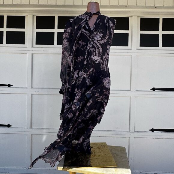 Marchessa Notte Dresses & Skirts - MARCHESSA NOTTE Dress Tiered Asymmetrical Hem Maxi Tie Long Sleeves Sz 10 Navy